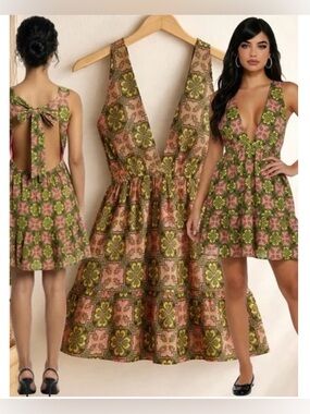 House of Harlow 1960 Pink & Green Floral Backless Halter Dress nwot size S